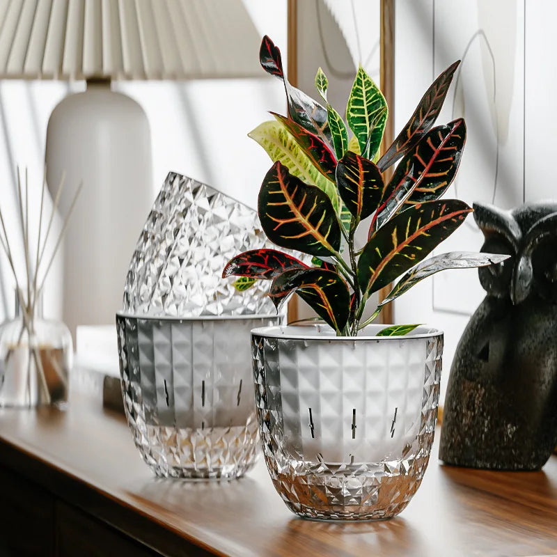 Self Watering Flowerpot Automatic Water Absorbing Flowerpot Transparent Double Layer Plastic Succulent Plant Pot Decorative Pot Elk-Valley 3D