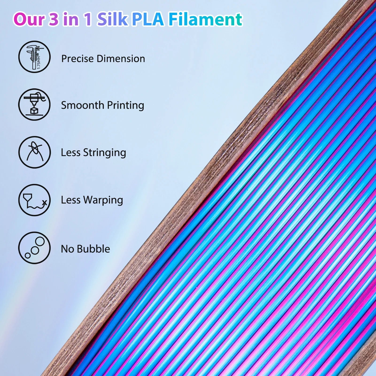 Tri-Color Silk PLA 3D Printer Filament 250g 1.75mm, 3color-in-1 Silk PLA Filament, Fit FDM Printers 3D Printing Filament Elk-Valley 3D