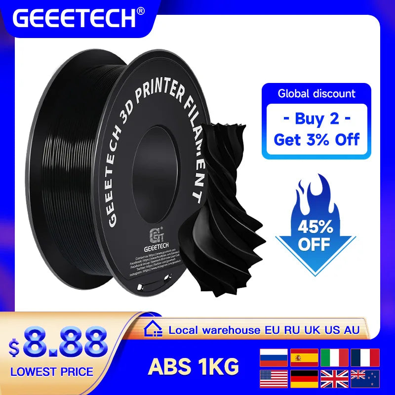 Geeetech  ABS+ 3D Filament 1.75mm 1KG plastic, 3D Printer Material, Tangle-Free, Non-Toxic, Vacuum Packaging White Black Elk-Valley 3D