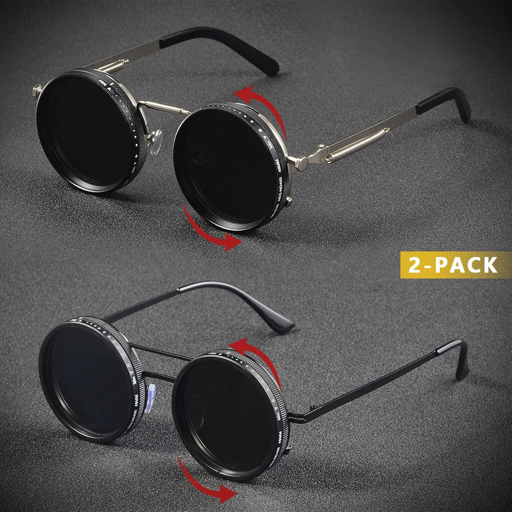 CRIXALIS 2Pcs Polarized Round ND9 Adjustable Dimming Sunglasses Men Women Punk Men's Driving  Eyeglasses Outdoor Shades UV400 Elk-Valley 3D