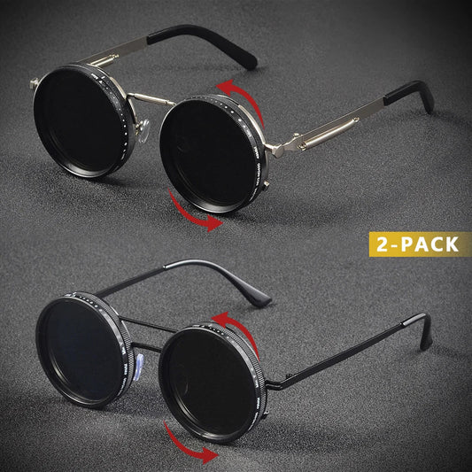CRIXALIS 2Pcs Polarized Round ND9 Adjustable Dimming Sunglasses Men Women Punk Men's Driving  Eyeglasses Outdoor Shades UV400 Elk-Valley 3D