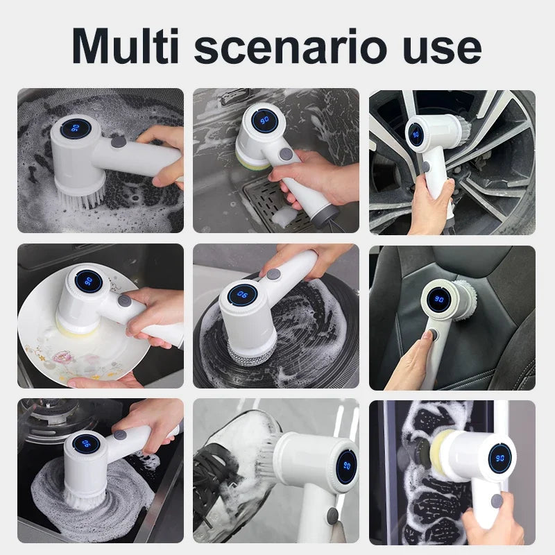 Electric Spin Scrubber, 6 Replacement Brush Heads, 360° Rotation, One-Button Start, Type-C Charging for Kitchen, Bathroom, Car Elk-Valley 3D