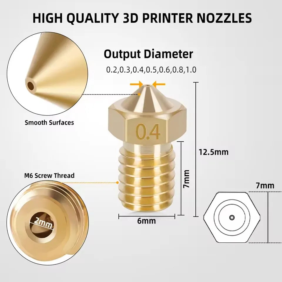 10Pcs V6 Nozzles kit for E3D V5 V6 Hotend, V6 Nozzle 0.2/0.3/0.4/0.6mm For ANYCUBIC I3 Mega A8 Prusa I3 MK3/MK3S 3D Printer Elk-Valley 3D