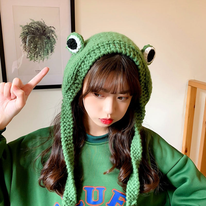 Fashion Frog Hat Beanies Knitted Winter Hat Solid Hip-hop Skullies Knitted Hat Cap Costume Accessory Gifts Warm Winter Bonnet Elk-Valley 3D