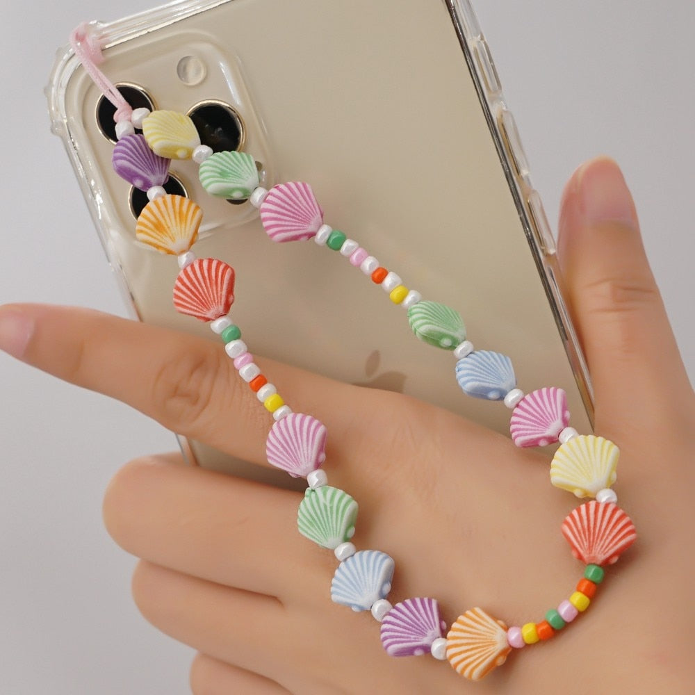 Shinus Heishi Disc Beads Crystal Chain For Phone Mobile Phone Lanyard Smile Cell Phone Chains 2021 LOVE Letter String Wristband