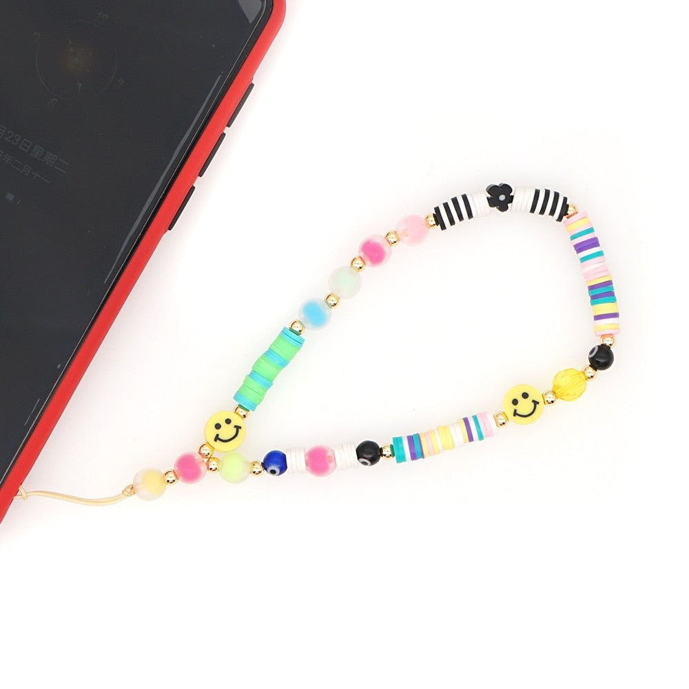 Shinus Heishi Disc Beads Crystal Chain For Phone Mobile Phone Lanyard Smile Cell Phone Chains 2021 LOVE Letter String Wristband