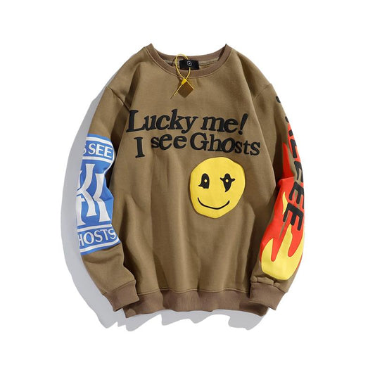Harajuku Retro Smiley Flame Print Round Neck Sweatshirts Men and Women Plus Velvet Streetwear Fleece Hoodie Pullover Elk-Valley 3D