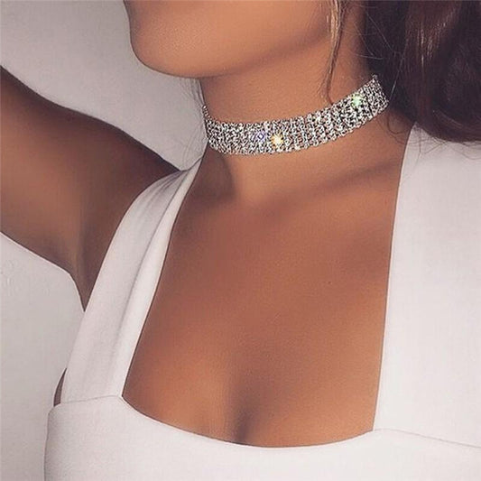 New Crystal Rhinestone Choker Necklace Women Wedding Accessories Silver Color Chain Punk Gothic Chokers Jewelry Collier Femme