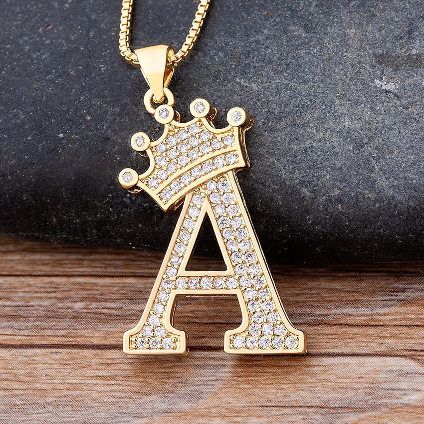 Nidin New Luxury Copper Zircon A-Z Crown Alphabet Pendant Chain Necklace Hip-Hop Style Fashion Woman Man Initial Name Jewelry Elk-Valley 3D