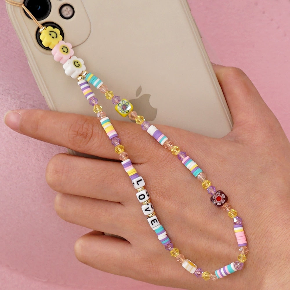 Shinus Heishi Disc Beads Crystal Chain For Phone Mobile Phone Lanyard Smile Cell Phone Chains 2021 LOVE Letter String Wristband