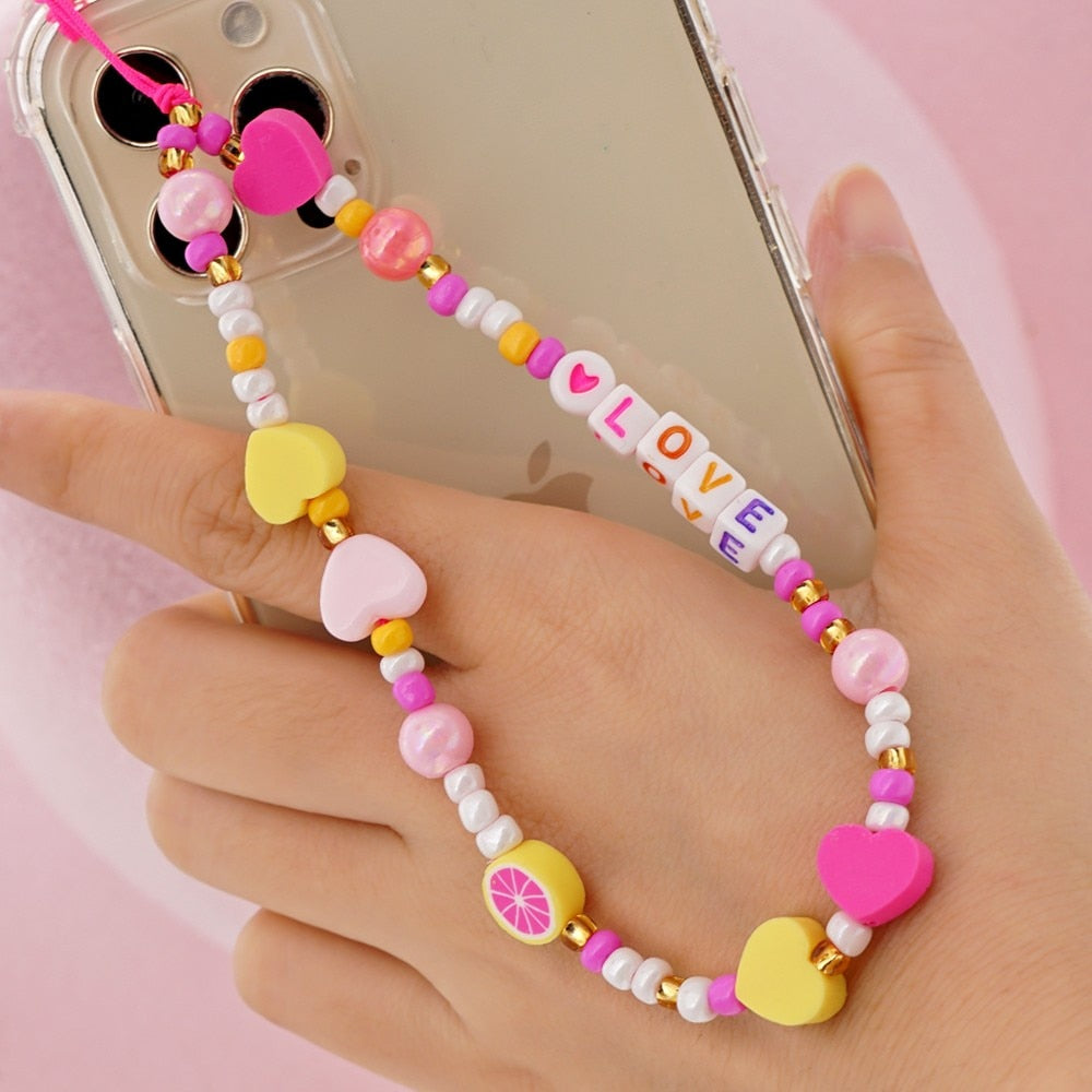 Shinus Heishi Disc Beads Crystal Chain For Phone Mobile Phone Lanyard Smile Cell Phone Chains 2021 LOVE Letter String Wristband