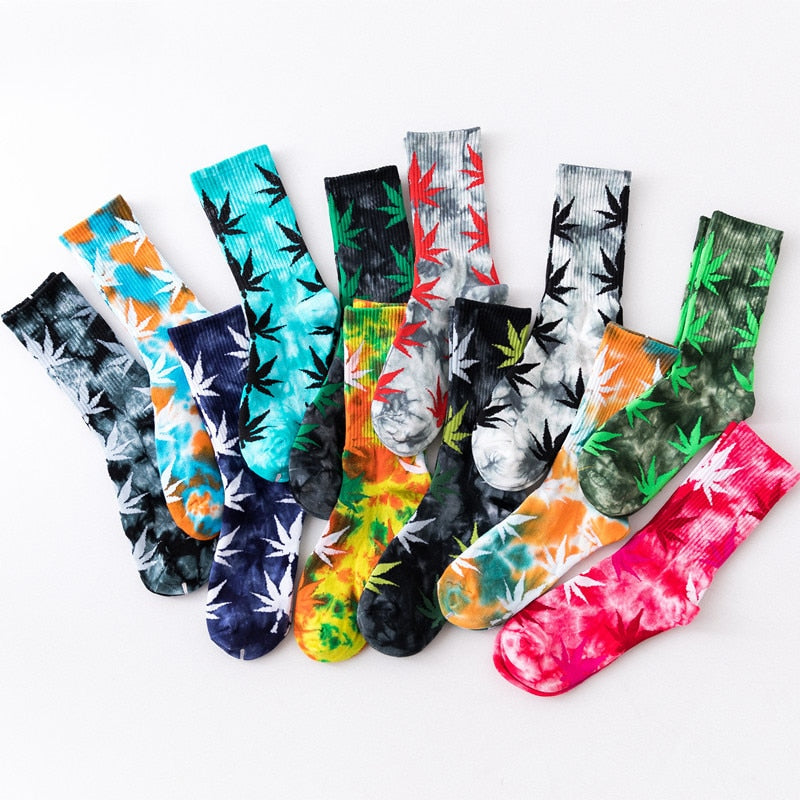 2022 High-quality Tie-dyed Maple Leaf Socks Long Fashion Weed Socks Men Skateboard Hiphop Socks Meias Women Couple Socks 1 Pairs Elk-Valley 3D