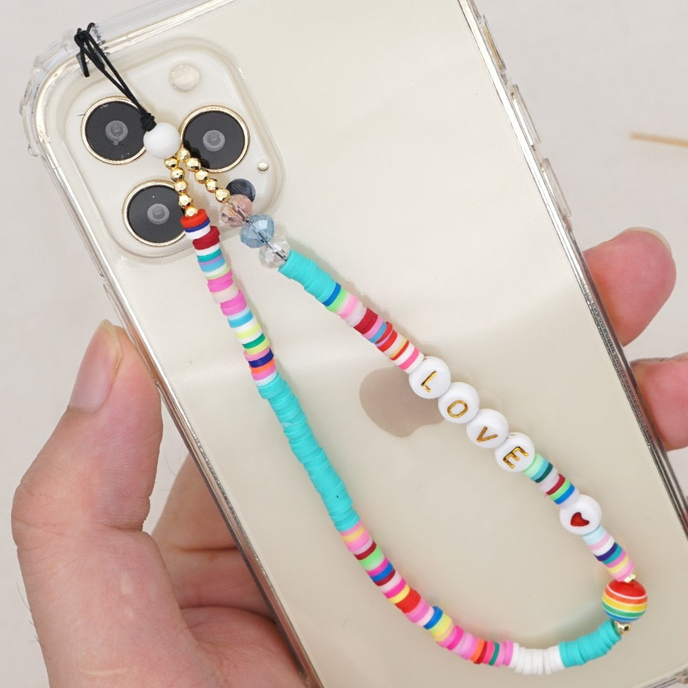 Shinus Heishi Disc Beads Crystal Chain For Phone Mobile Phone Lanyard Smile Cell Phone Chains 2021 LOVE Letter String Wristband