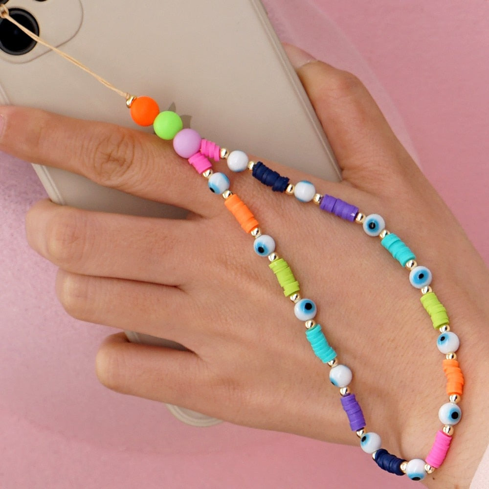 Shinus Heishi Disc Beads Crystal Chain For Phone Mobile Phone Lanyard Smile Cell Phone Chains 2021 LOVE Letter String Wristband