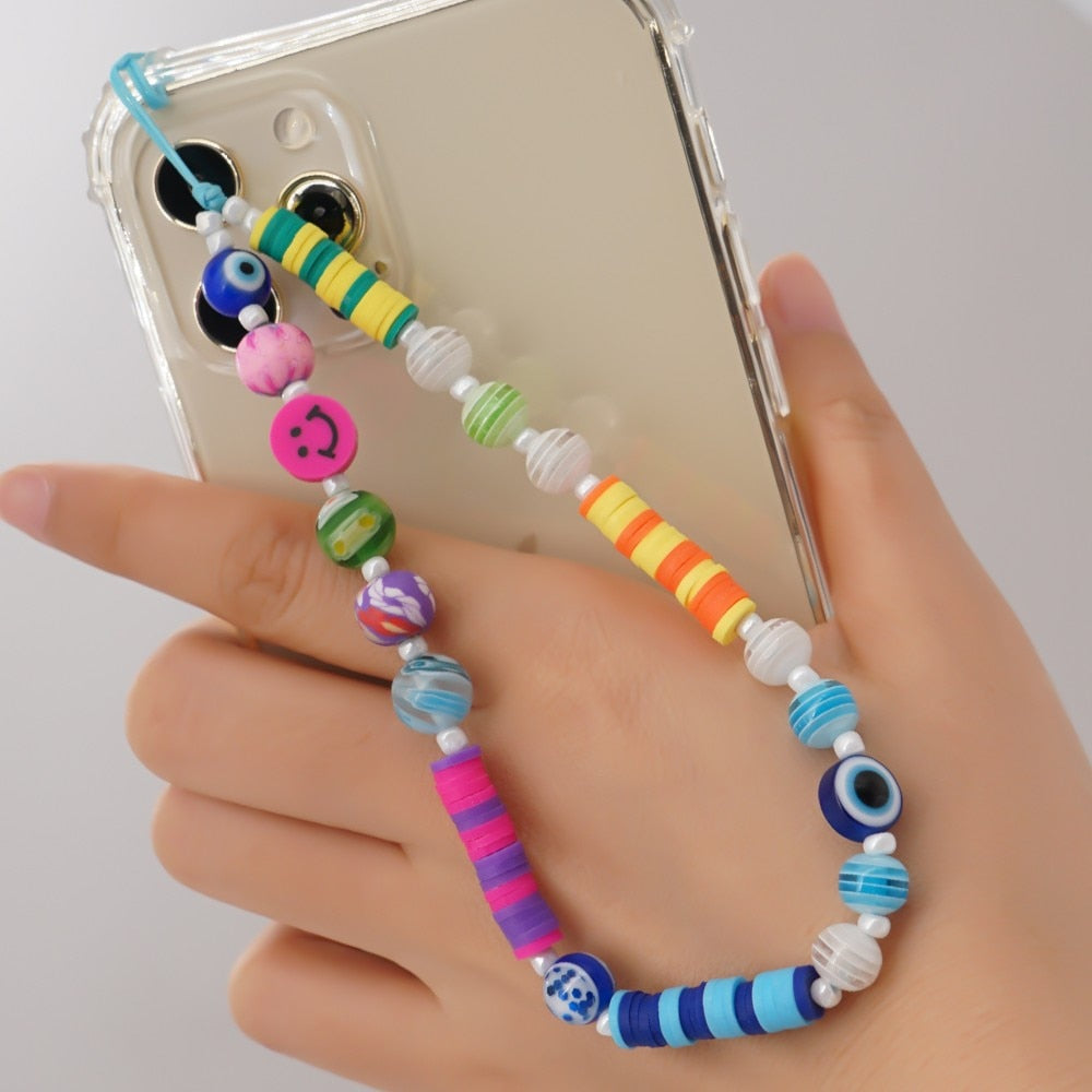 Shinus Heishi Disc Beads Crystal Chain For Phone Mobile Phone Lanyard Smile Cell Phone Chains 2021 LOVE Letter String Wristband