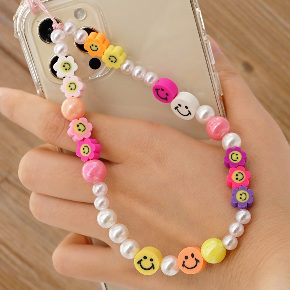 Shinus Heishi Disc Beads Crystal Chain For Phone Mobile Phone Lanyard Smile Cell Phone Chains 2021 LOVE Letter String Wristband