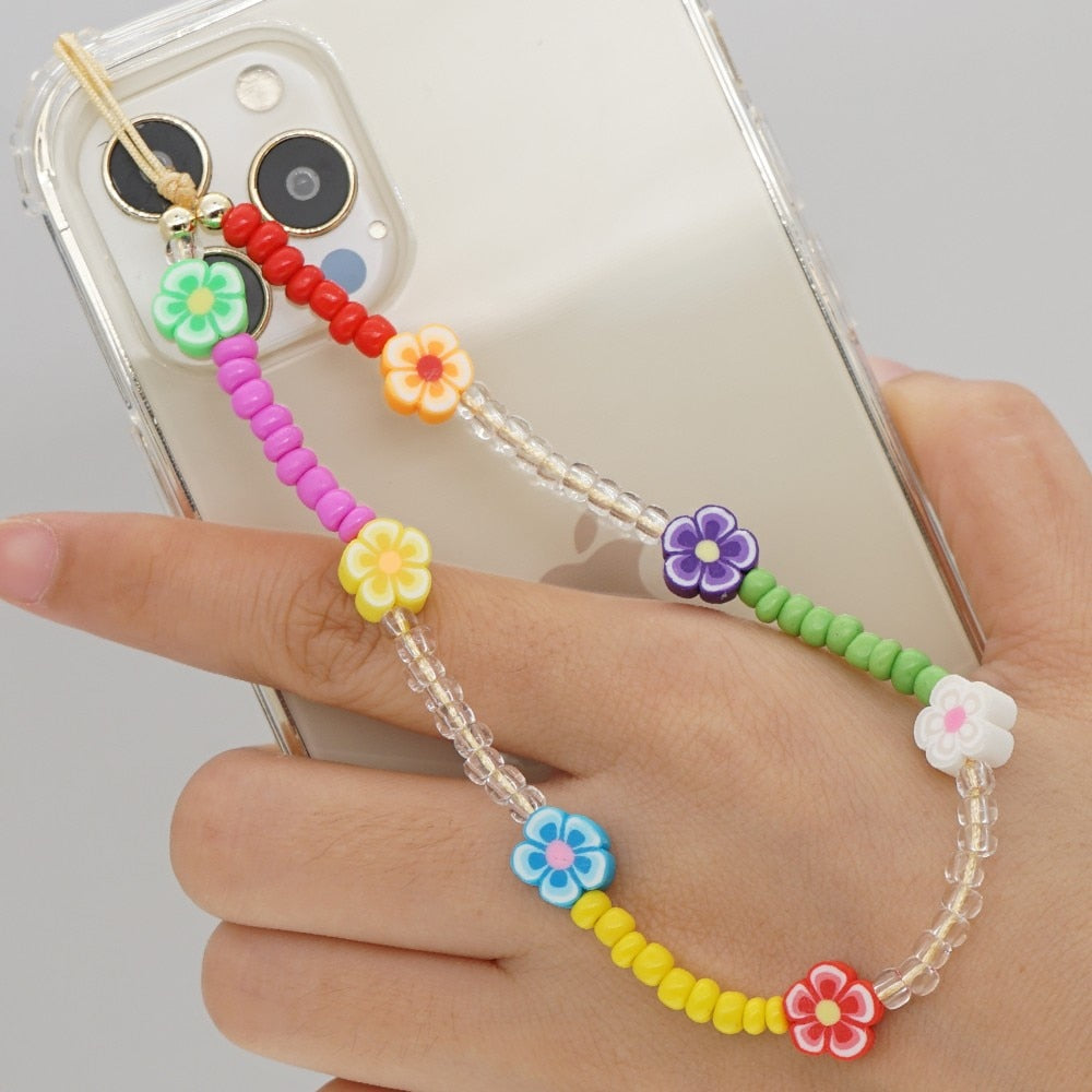 Shinus Heishi Disc Beads Crystal Chain For Phone Mobile Phone Lanyard Smile Cell Phone Chains 2021 LOVE Letter String Wristband