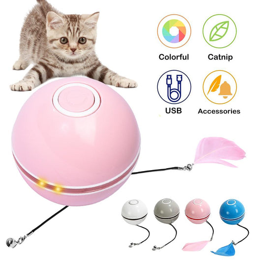 Smart Interactive Cat Toy Colorful LED Self Rotating Ball With Catnip Bell and Feather Toys USB Rechargeable Cat Kitten Ball Toy