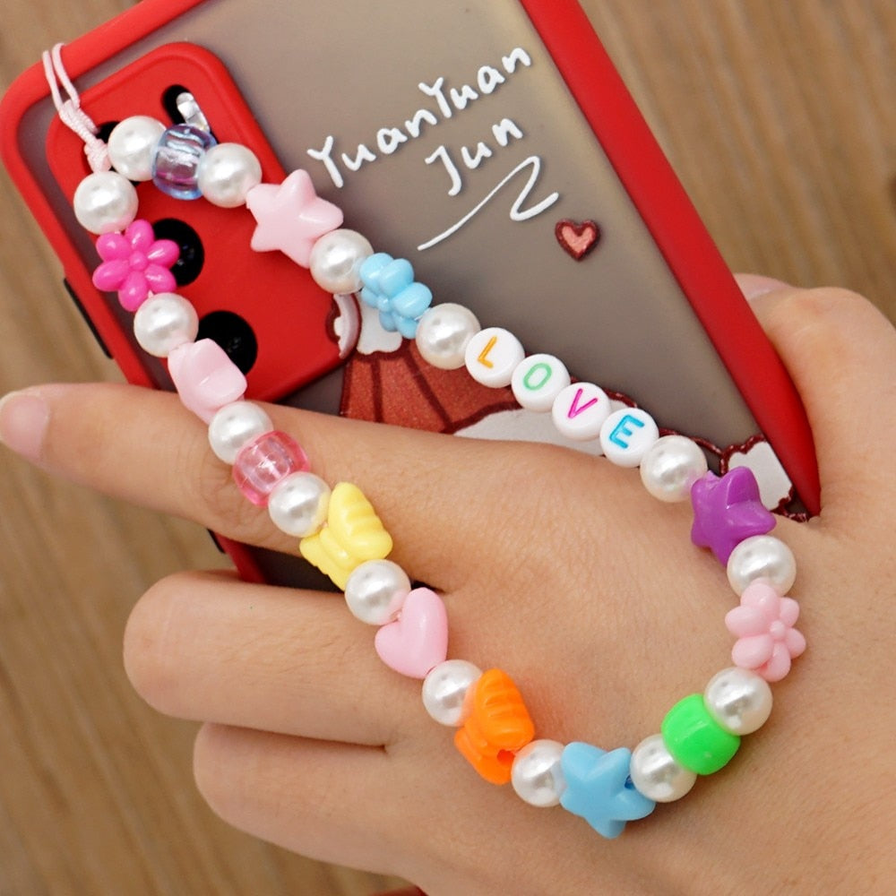 Shinus Heishi Disc Beads Crystal Chain For Phone Mobile Phone Lanyard Smile Cell Phone Chains 2021 LOVE Letter String Wristband