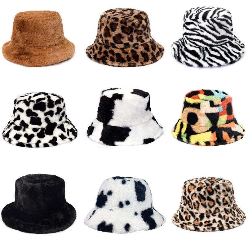 Winter Cow Leopard Faux Fur Fluffy Bucket Hats Women Outdoor Warm Sun Hat Soft Velvet Furry Fisherman Cap Girl Fashion Panama Elk-Valley 3D