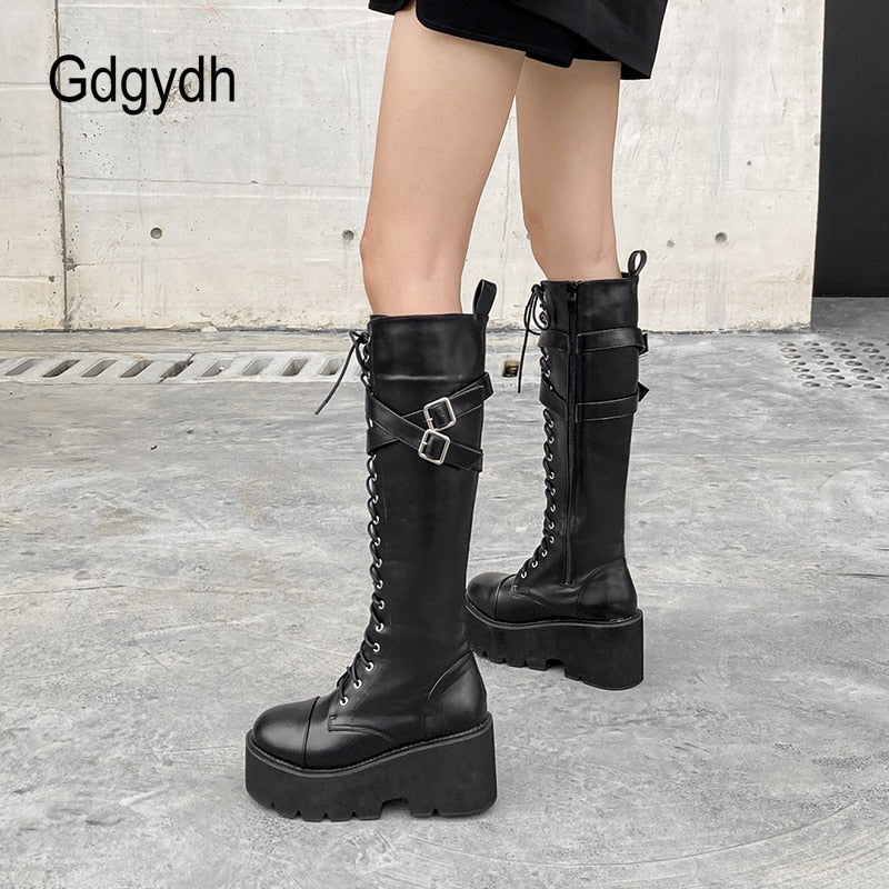 Gdgydh Fashion Women Boots Cross Strap PU Leather Autumn Winter Knee High Boots Ladies Thick Sole Platform Shoes Punk Gothic Elk-Valley 3D